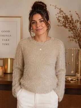 Eyn Soft Grey White Fuzzy Sequined Round Neck Sweater.  Size M